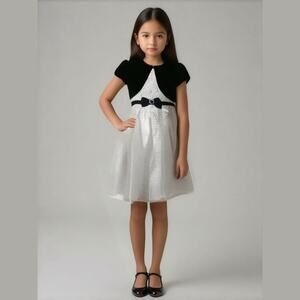 Jona Michelle Girls Dress Size 5 White Black Velour Lace Fancy Sparkle Shrug NEW